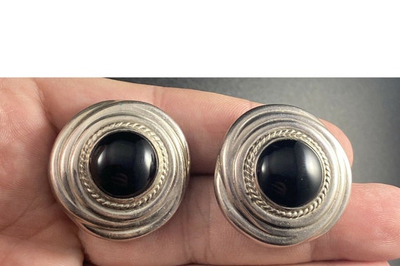 Taxco Sterling Silver Black Onyx Round Clip On Ea… - image 3