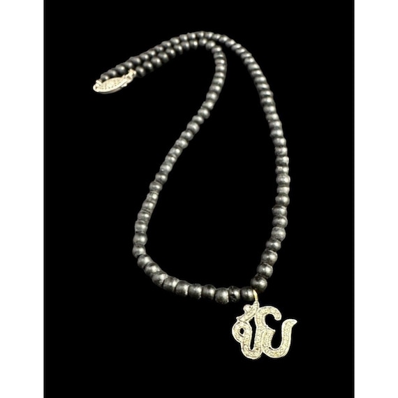 Necklace 925 Sterling Black Obsidian Beaded Om Symbol Rhinestone Pendant Vintage