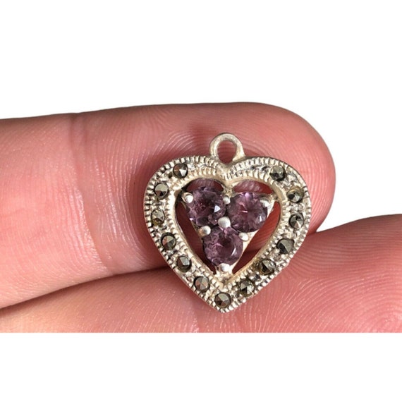 Pendentif Coeur En Argent Vermeil Avec Marcassites Et Améthyste - Bijou Du XXème Siècle - Occasion
