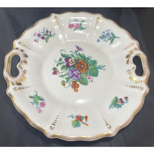 KPM Germany Porcelain Hand Painted Two Handle Plate Floral Gold Gilded 10 inches Bouquet