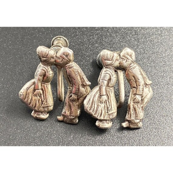 Vintage STERLING Earrings KISSING COUPLE Dutch Boy Girl Unique