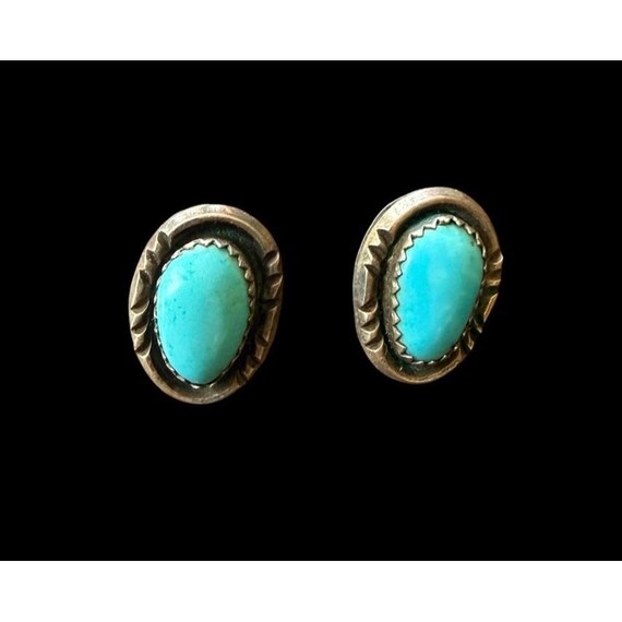 Navajo Sterling Silver Etched Oval Turquoise Pierced Earrings