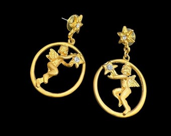 Vintage Angel Star Round Hoop Dangle Earrings Yellow Gold Tone