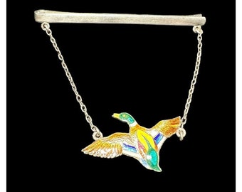 Fine Silver Mallard Duck Guilloche Enamel Brooch Pin Dangle Multicolor Vintage