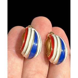 Vintage Crown Trifari Red White and Blue Enamel Curved Clip Earrings Gold Tone