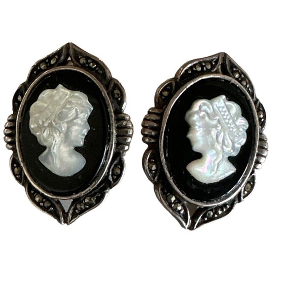 Earrings 925 SU Cameo Black Onyx And Marcasite Si… - image 1
