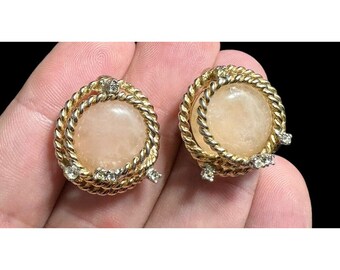 Earrings Joan Rivers Rose Quartz Rhinestone Yellow Gold Plated Pierced Vintage