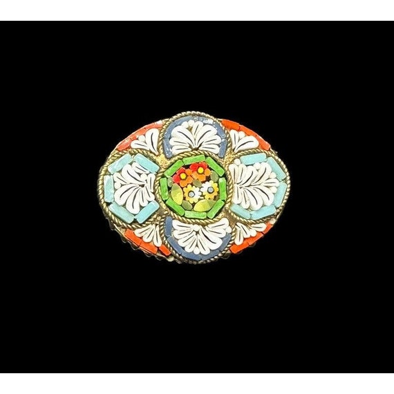 Vintage Italian Micro Mosaic Flower Floral Brass … - image 2