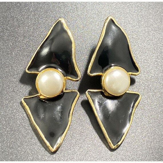 Vintage KJL Black Enamel Pearl Earrings Black Ena… - image 2