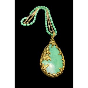 Love Witch Brutalist Necklace 1960s Large Green Teardrop Pendant Statement Beads