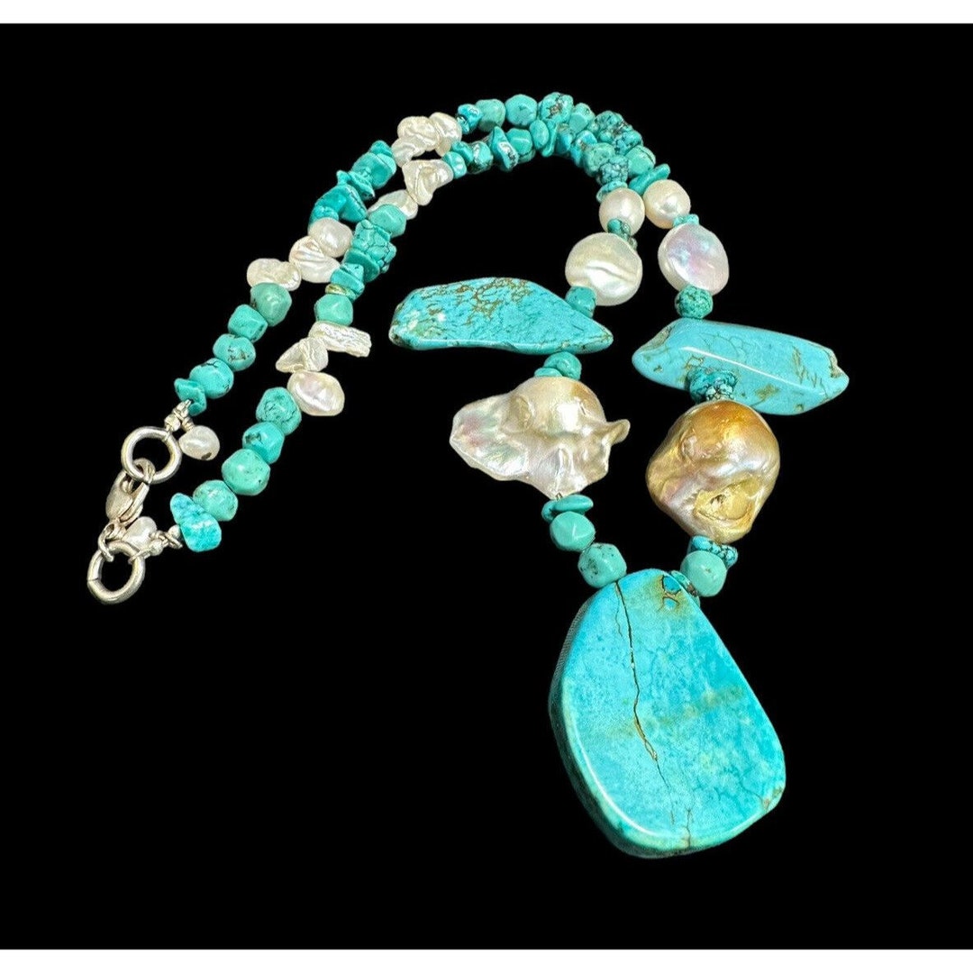 Turquoise Necklace Mabe and Baroque Pearl Sterling Silver Clasp Natural ...