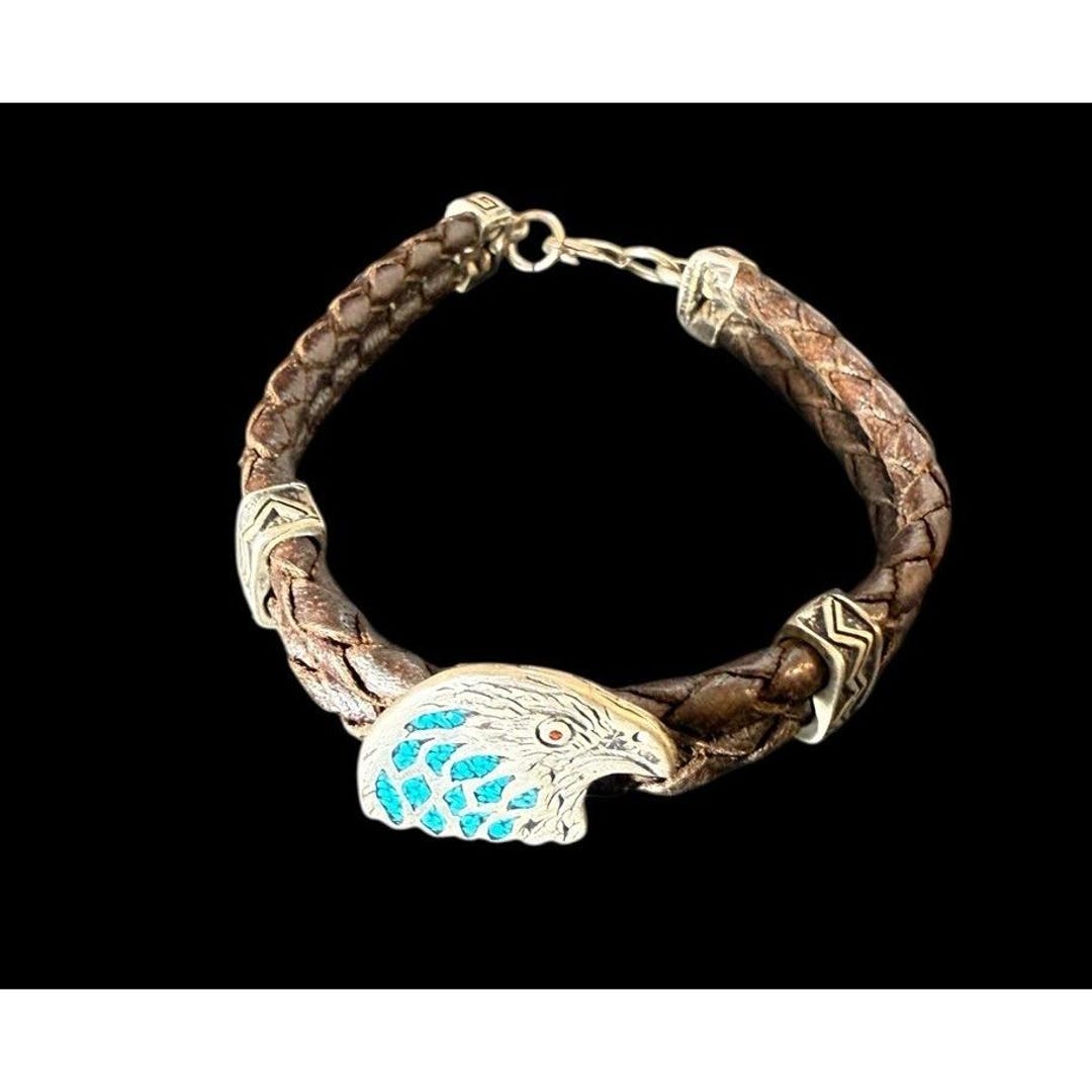 Turquoise Inlay Eagle Southwestern Sterling Silver Brown Leather Turquoise Inlay Eagle ...