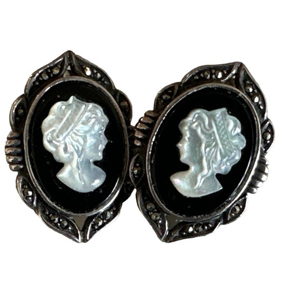 Earrings 925 SU Cameo Black Onyx And Marcasite Si… - image 6