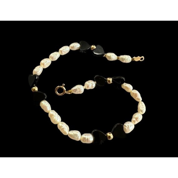 Bracelet Signed 14k Gold Rice Pearl And Black Ony… - image 8