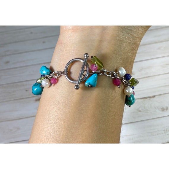925 Toggle Bracelet Multi Gemstone Dangle Chain L… - image 3