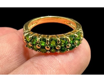 Designer 925 Sterling Silver Two Row Green Gemstone Cocktail Gold Ring Size 9.25