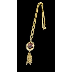 Vintage Avon Gold Toned Purple Faceted Glass Faux Rice Pearls 30” Chain Pendant