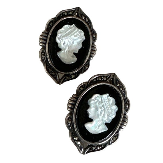 Earrings 925 SU Cameo Black Onyx And Marcasite Si… - image 5