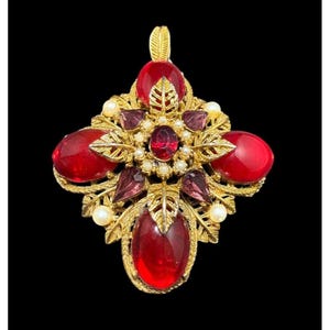 Arthur Pepper Statement Red Gripoix Glass Faux Pearl Pendant Gold Tone Signed