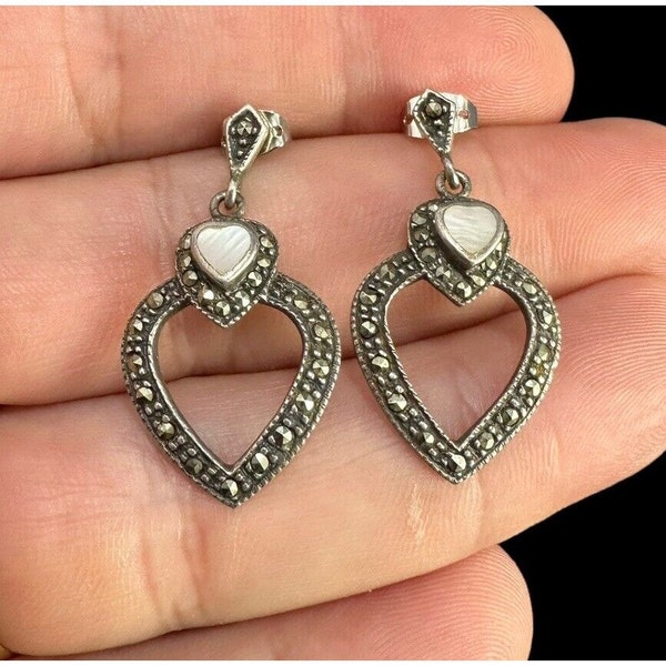 Earrings Signed Boma Sterling Silver MOP Heart Marcasite Dangle Vintage