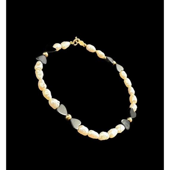 Bracelet Signed 14k Gold Rice Pearl And Black Ony… - image 2