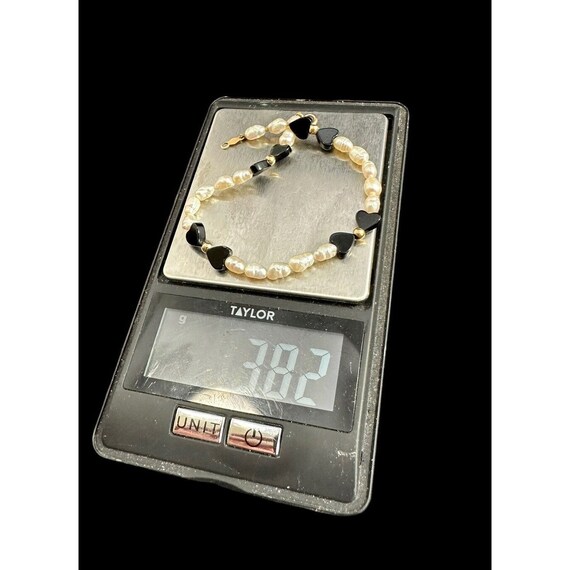 Bracelet Signed 14k Gold Rice Pearl And Black Ony… - image 7