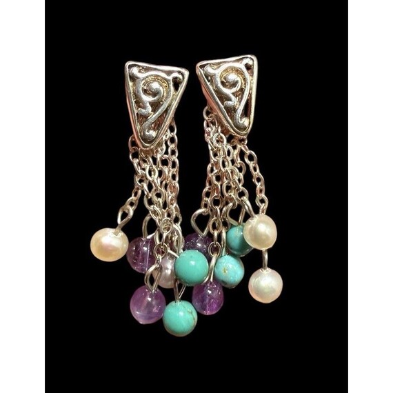 925 Silver Scrollwork Multi Gemstone Dangle Earri… - image 1