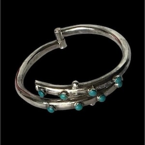 Vintage Taxco Mexico Turquoise Snake Eye Bangle Bracelet Clamper Mid Century