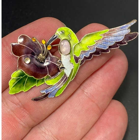 Vintage Art Nouveau 925 Hummingbird Guilloche Ena… - image 7