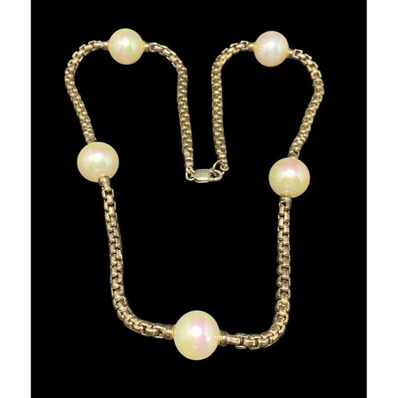 Vintage 925 Box Link Chain Faux Pearl Station Nec… - image 1