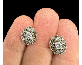 925 Sterling Silver Clear CZ Cubic Zirconia Stud Earrings Filigree Ornate