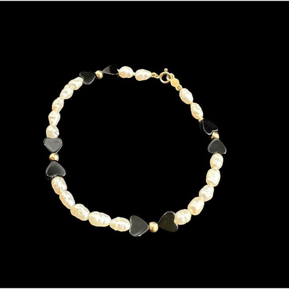 Bracelet Signed 14k Gold Rice Pearl And Black Ony… - image 3