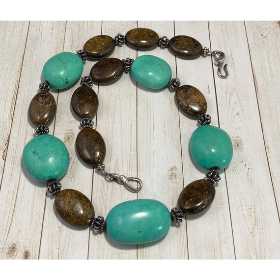 925 Turquoise and Jasper Beaded Necklace Chunky G… - image 5