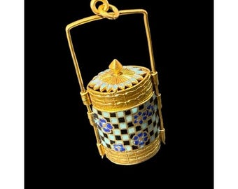 Vintage Mid Century Chinese Brass Enamel Sewing Needle Holder Pendant