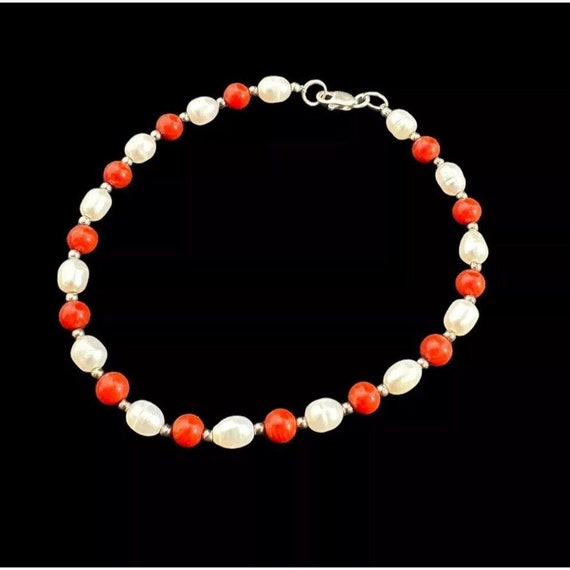 Bracelet 925 Sterling Coral And Freshwater Pearl … - image 1