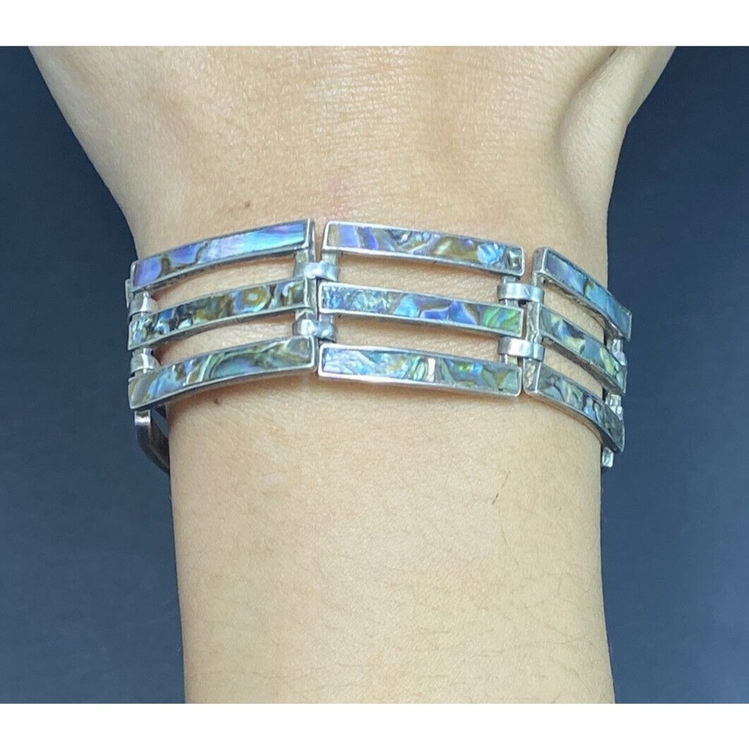 TAXCO Mexico Bracelet 925 Triple Chain Link Abalone Inlay 7.5 Etsy