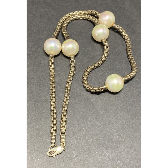 Vintage 925 Box Link Chain Faux Pearl Station Nec… - image 6