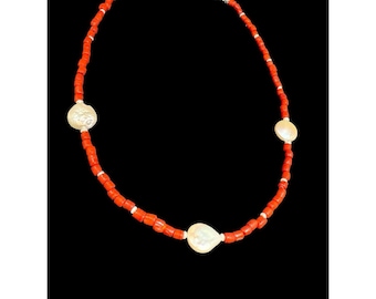 Red Coral Beaded Necklace Mother Of Pearl Spacers Sterling Silver 18”