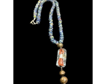 Vintage Venetian Murano Blue Art Glass Floral Wedding Cake Beads Necklace 32”