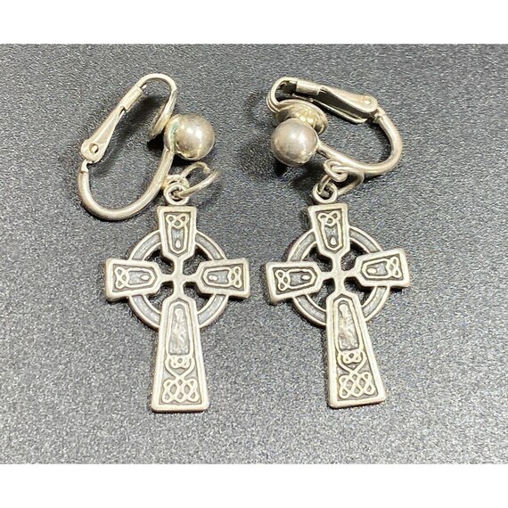 925 Celtic Cross Clip On Earrings Dangle Religious