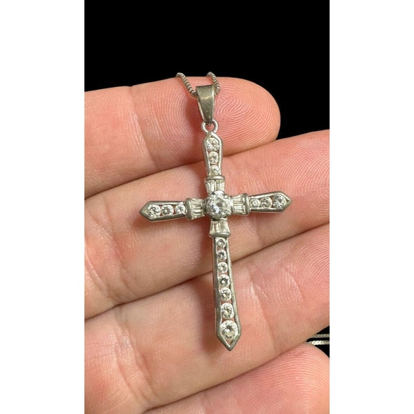 FAS 925 Italy Box Chain Necklace And CZ Cross Pendant Sterling Silver 19 in