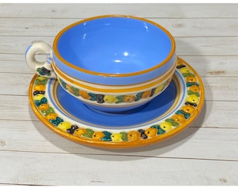 Vintage Della Robia Italy Cup and Saucer Multicolor Fruit Motif Signed #228
