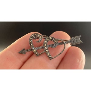 Art Deco Sterling Silver and Marcasite Two Heart Arrow Brooch Pin Cupid Love Gemstone Pin
