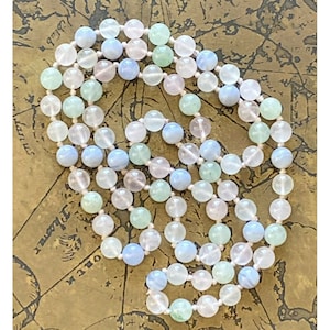 Vintage Hand Knotted multi color Quartz Beaded Necklace 32in Long