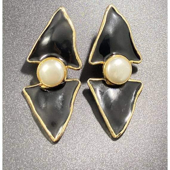 Vintage KJL Black Enamel Pearl Earrings Black Ena… - image 1