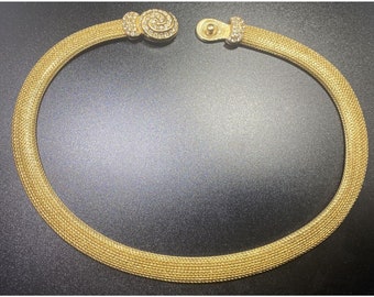 Vintage Christian Dior Gold Plate Mesh Collar Necklace Rhinestone