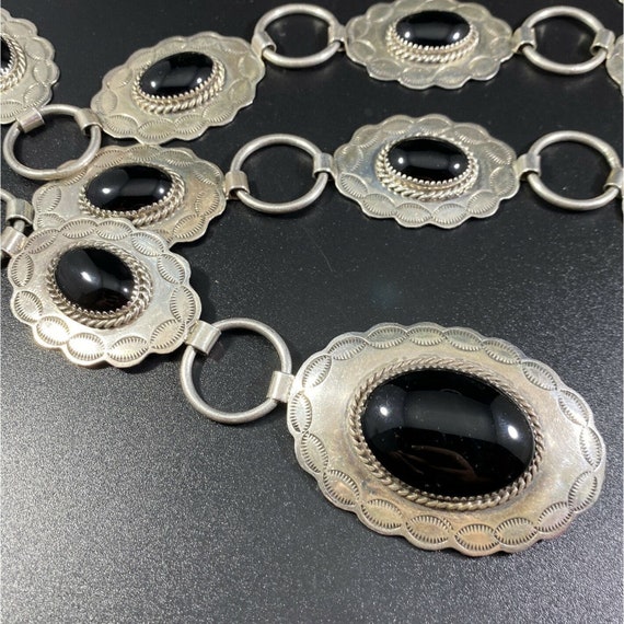Signed Vintage Native American Navajo Black Onyx Sterling Silver Link Bracelet Signed Vintage Native American Navajo Black Onyx Sterling Silver Link Bracelet