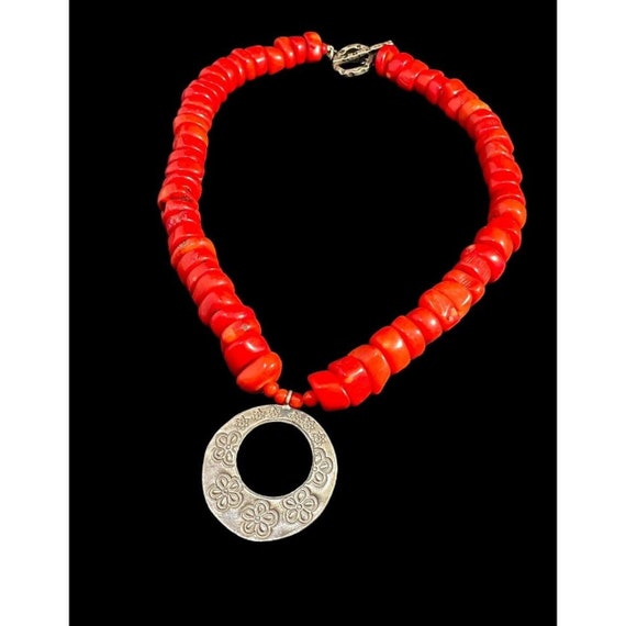 Necklace Red Coral Beaded Sterling Silver Floral … - image 1