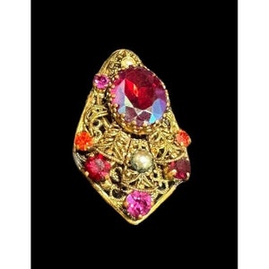 Brooch Antique Germany Filigree Red AB Rhinestone Pearl Gold Tone Pin