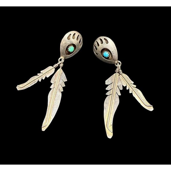 Vintage Native American Sterling Silver Turquoise Bear Paw Feather Earrings